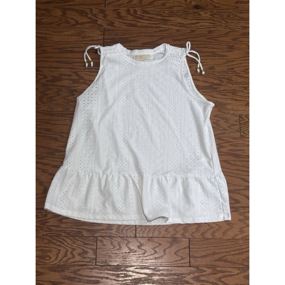 Michael Kors Women's White Cinch Tie Sleeveless Eyelet Peplum Tank Top, Size L